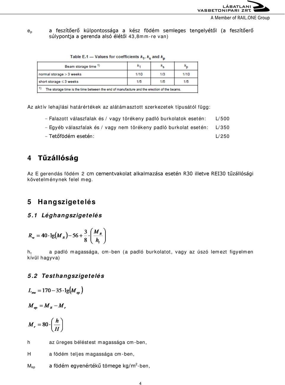 Tűzállóság Az E gerendás födém 2 cm cementvakolat alkalmazása esetén R30 illetve REI30 tűzállósági követelménynek felel meg. 5 Hangszigetelés 5.