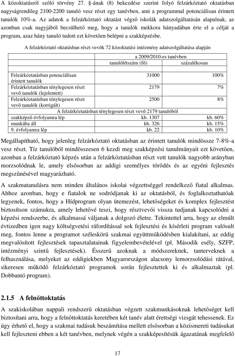 Az adatok a felzárkóztató oktatást végző iskolák adatszolgáltatásán alapulnak, az azonban csak nagyjából becsülhető meg, hogy a tanulók mekkora hányadában érte el a célját a program, azaz hány tanuló