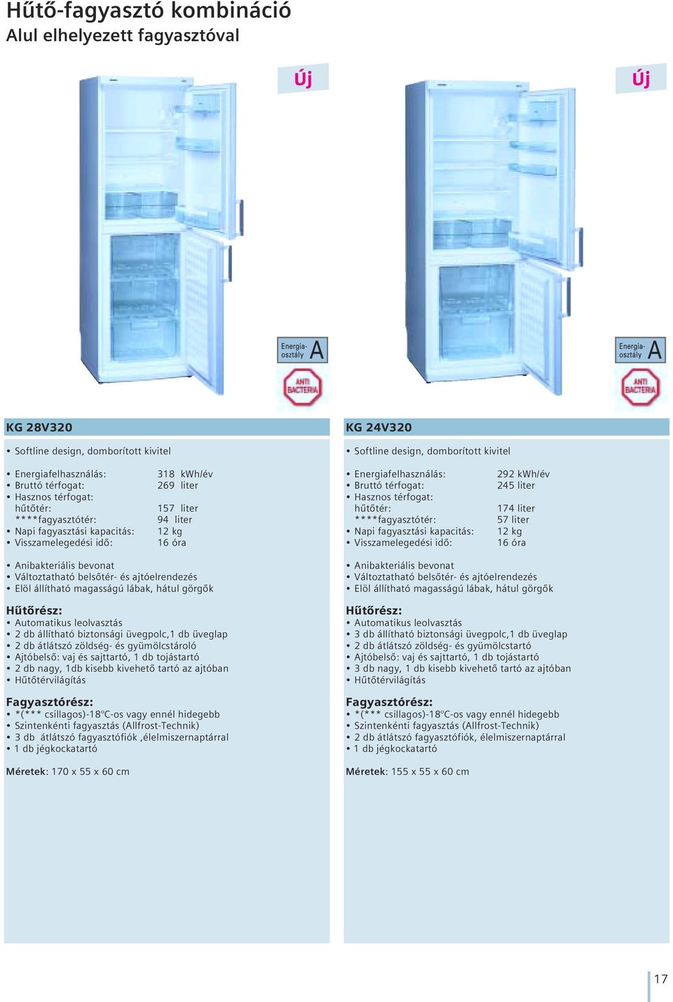 hûtôtér: ****fagyasztótér: Napi fagyasztási kapacitás: Visszamelegedési idô: 292 kwh/év 245 liter 174 liter 57 liter 12 kg 16 óra Anibakteriális bevonat Változtatható belsôtér- és ajtóelrendezés Elöl