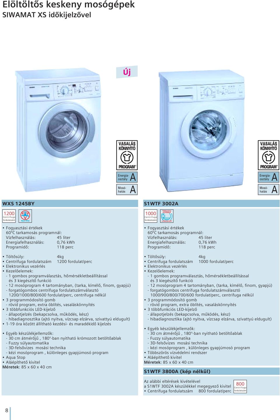 mosóprogram 4 tartományban, (tarka, kímélô, finom, gyapjú) - forgatógombos centrifuga fordulatszámválasztó 1200/1000/800/600 fordulat/perc, centrifuga nélkül 3 programmódosító gomb - rövid program,