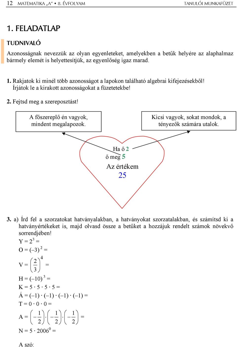 Rakjatok ki minél több azonosságot a lapokon található algebrai kifejezésekből! Írjátok le a kirakott azonosságokat a füzetetekbe!. Fejtsd meg a szereposztást!