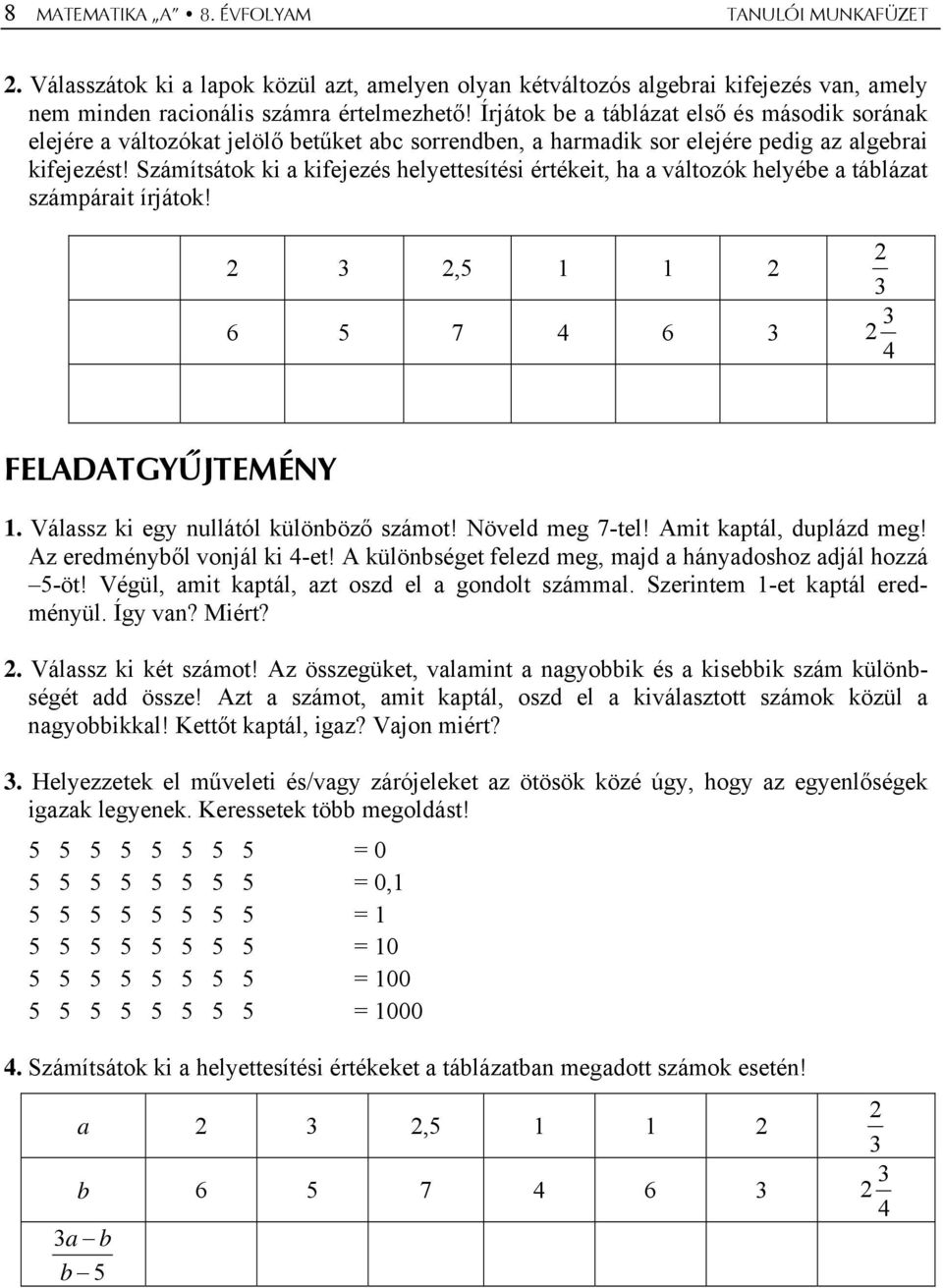 Számítsátok ki a kifejezés helyettesítési értékeit, ha a változók helyébe a táblázat számpárait írjátok!,5 1 1 6 5 7 4 6 4 FELADATGYŰJTEMÉNY 1. Válassz ki egy nullától különböző számot!
