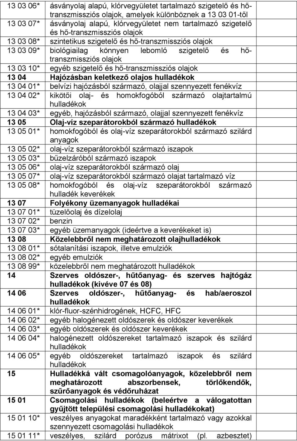 hő-transzmissziós olajok 13 04 Hajózásban keletkező olajos 13 04 01* belvízi hajózásból származó, olajjal szennyezett fenékvíz 13 04 02* kikötői olaj- és homokfogóból származó olajtartalmú 13 04 03*