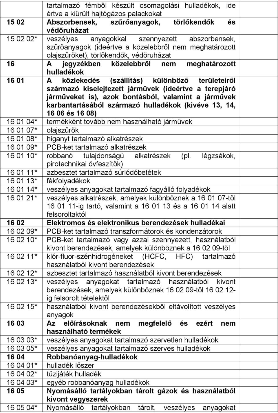 származó kiselejtezett járművek (ideértve a terepjáró járműveket is), azok bontásból, valamint a járművek karbantartásából származó (kivéve 13, 14, 16 06 és 16 08) 16 01 04* termékként tovább nem