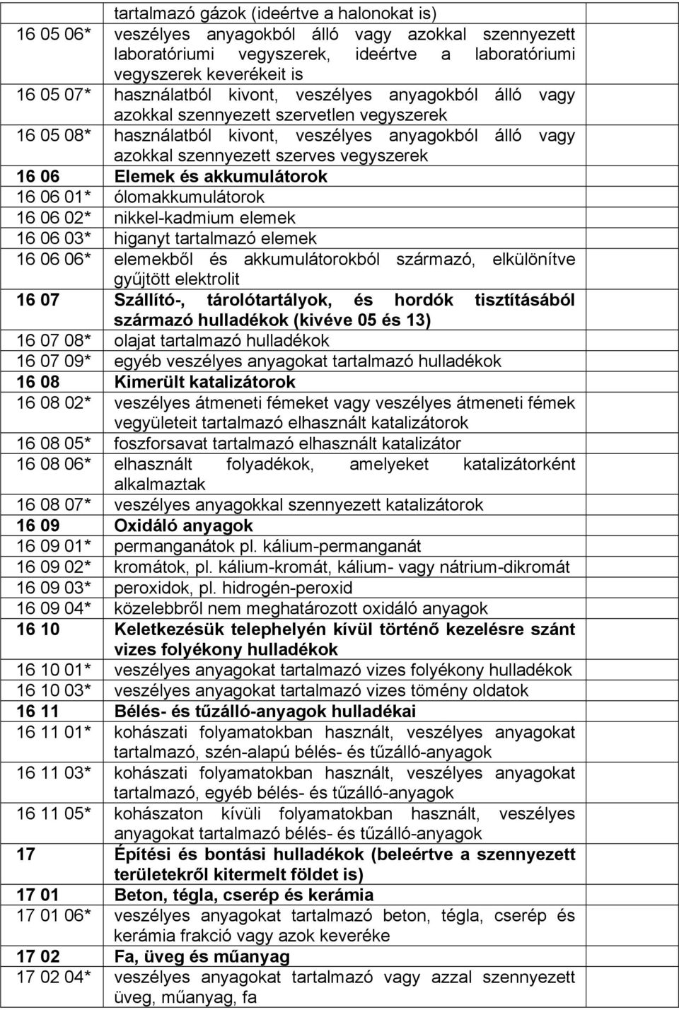 06 Elemek és akkumulátorok 16 06 01* ólomakkumulátorok 16 06 02* nikkel-kadmium elemek 16 06 03* higanyt tartalmazó elemek 16 06 06* elemekből és akkumulátorokból származó, elkülönítve gyűjtött