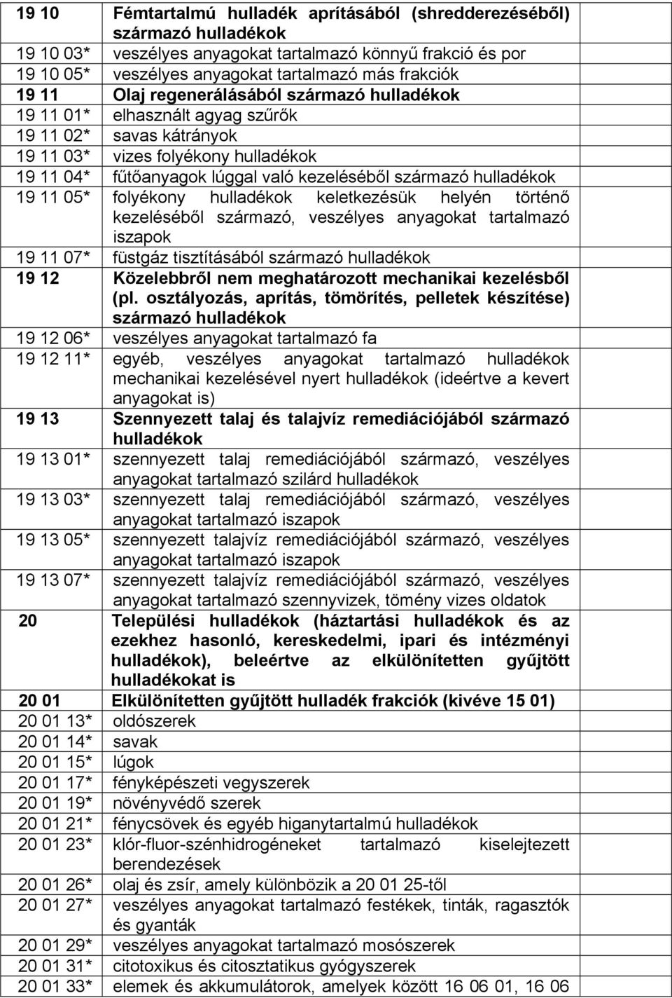 helyén történő 19 11 07* füstgáz tisztításából származó 19 12 Közelebbről nem meghatározott mechanikai kezelésből (pl.