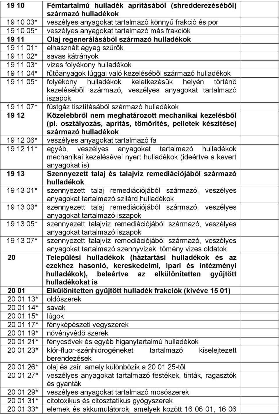 helyén történő 19 11 07* füstgáz tisztításából származó 19 12 Közelebbről nem meghatározott mechanikai kezelésből (pl.