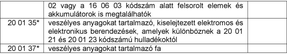 elektromos és elektronikus berendezések, amelyek különböznek a 20 01