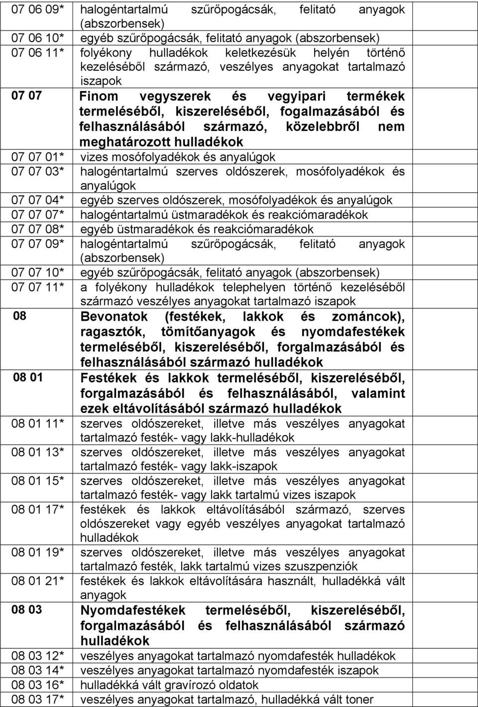 halogéntartalmú szerves oldószerek, mosófolyadékok és anyalúgok 07 07 04* egyéb szerves oldószerek, mosófolyadékok és anyalúgok 07 07 07* halogéntartalmú üstmaradékok és reakciómaradékok 07 07 08*