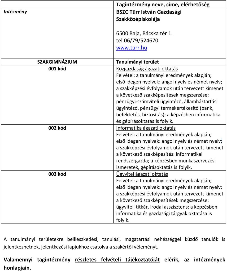 tervezett kimenet a következő szakképesítések megszerzése: pénzügyi-számviteli ügyintéző, államháztartási ügyintéző, pénzügyi termékértékesítő (bank, befektetés, biztosítás); a képzésben informatika