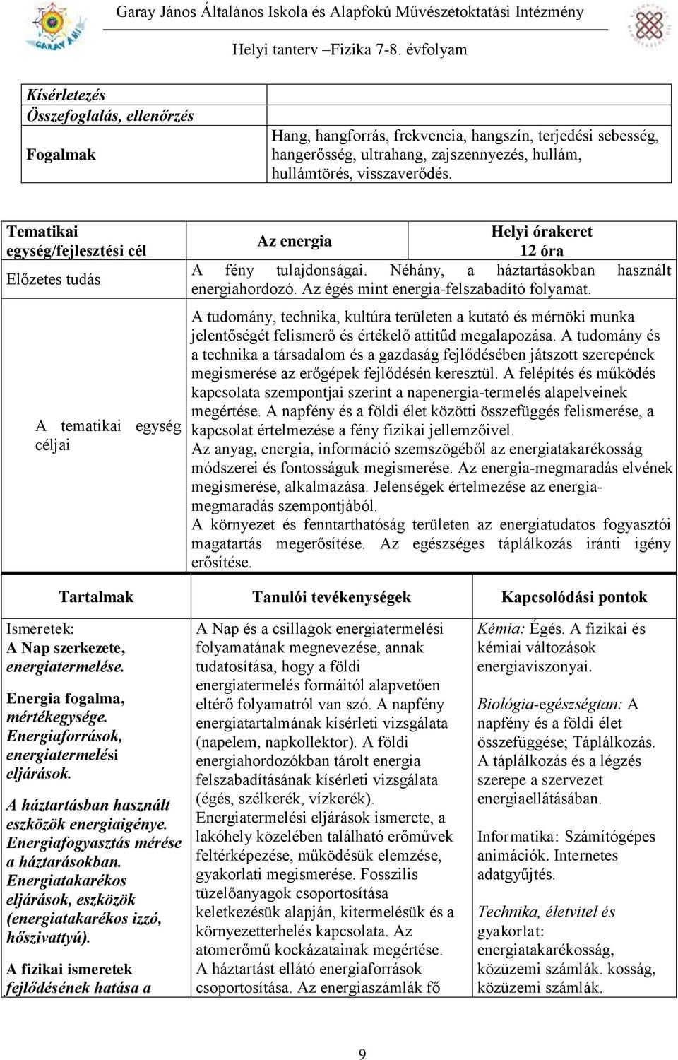 Az égés mint energia-felszabadító folyamat. A tudomány, technika, kultúra területen a kutató és mérnöki munka jelentőségét felismerő és értékelő attitűd megalapozása.