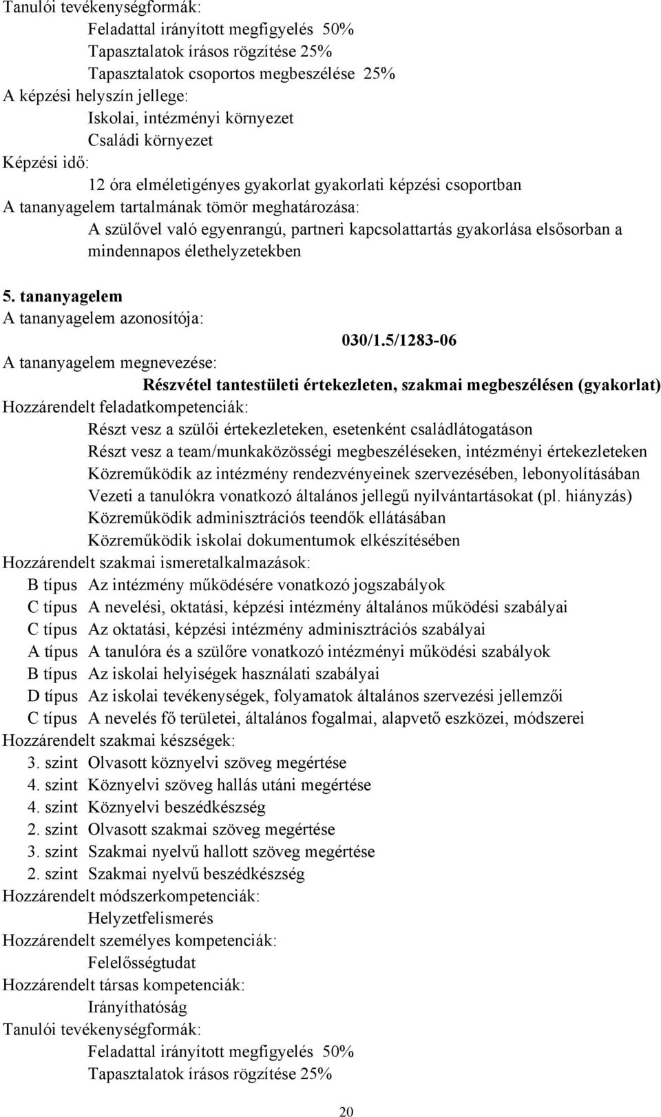 5/1283-06 Részvétel tantestületi értekezleten, szakmai megbeszélésen (gyakorlat) Részt vesz a szülői értekezleteken, esetenként családlátogatáson Részt vesz a team/munkaközösségi megbeszéléseken,