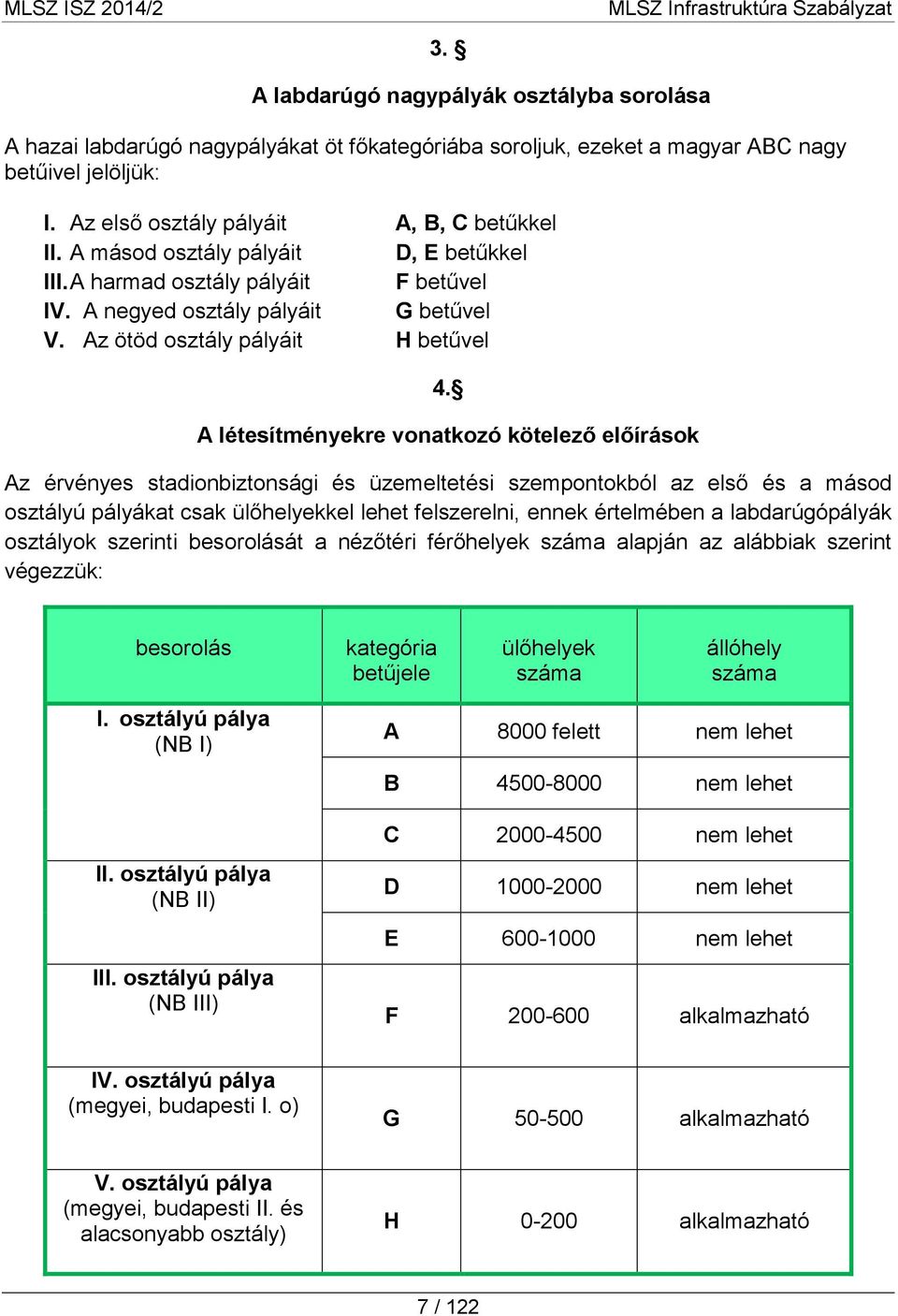 A létesítményekre vonatkozó kötelező előírások Az érvényes stadionbiztonsági és üzemeltetési szempontokból az első és a másod osztályú pályákat csak ülőhelyekkel lehet felszerelni, ennek értelmében a