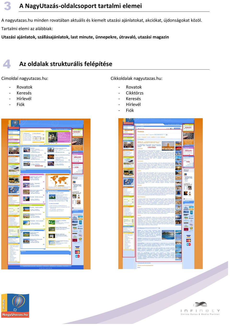 Tartalmi elemi az alábbiak: Utazási ajánlatok, szállásajánlatok, last minute, ünnepekre, útravaló, utazási