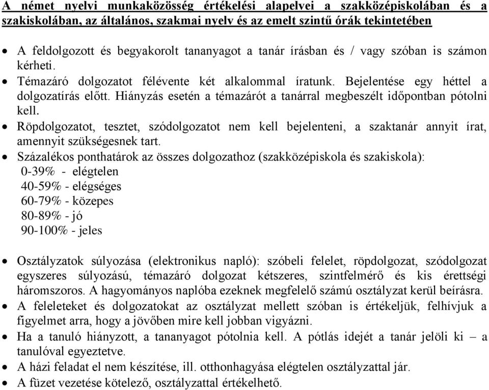 Hiányzás esetén a témazárót a tanárral megbeszélt időpontban pótolni kell. Röpdolgozatot, tesztet, szódolgozatot nem kell bejelenteni, a szaktanár annyit írat, amennyit szükségesnek tart.