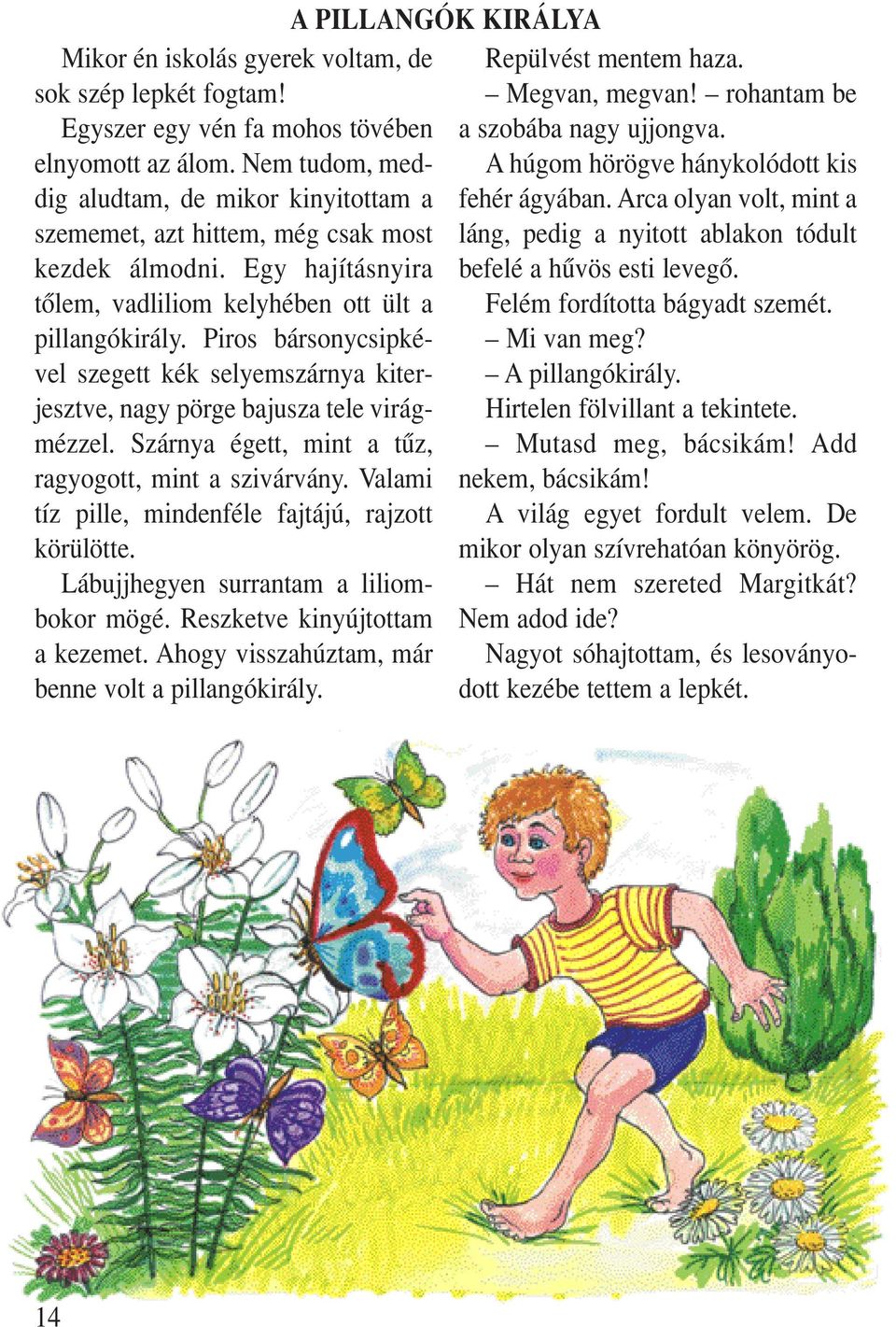 Piros bársonycsipkével szegett kék selyemszárnya kiterjesztve, nagy pörge bajusza tele virágmézzel. Szárnya égett, mint a tûz, ragyogott, mint a szivárvány.