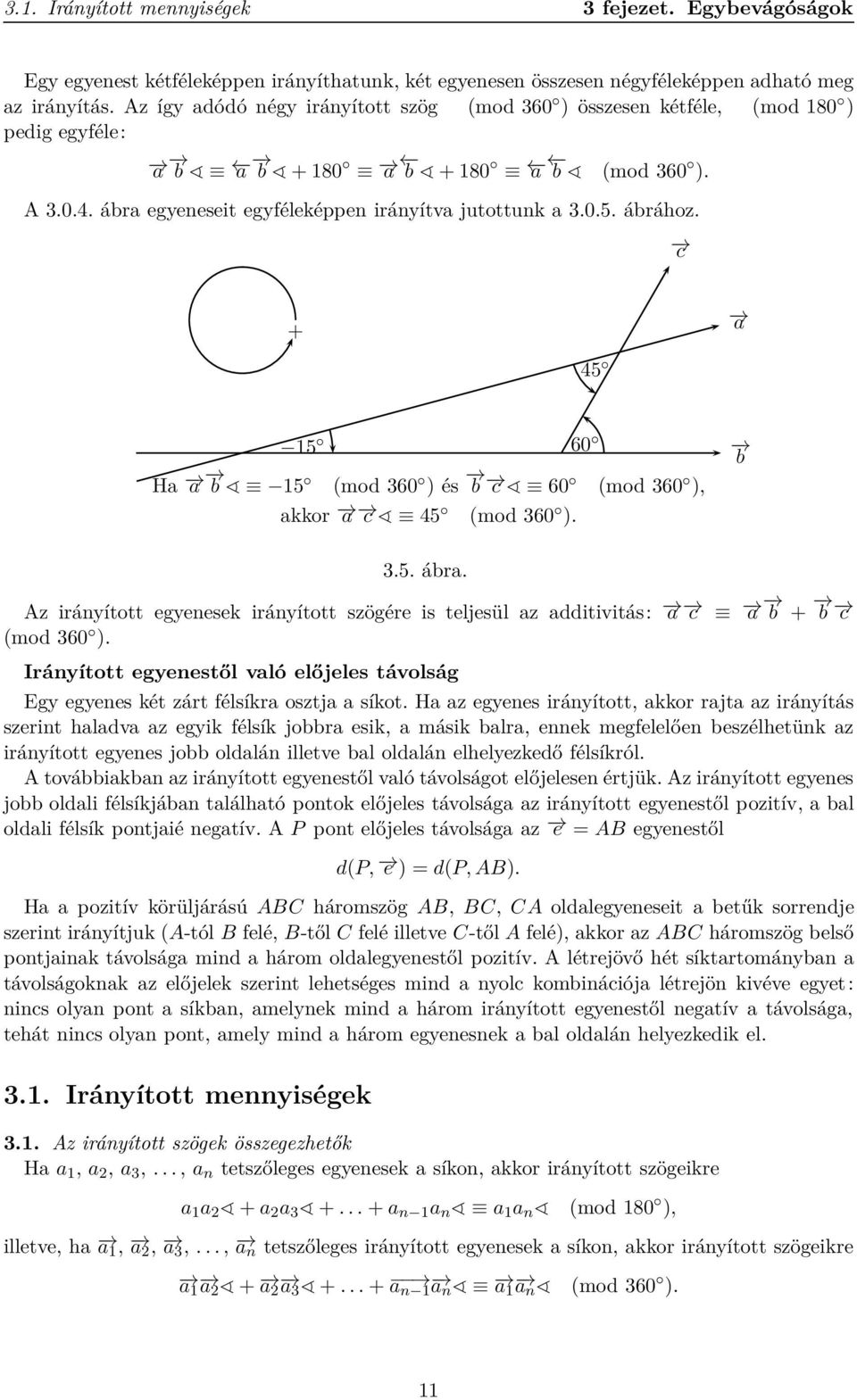 ábrához. c + a 45 15 60 b Ha a b 15 (mod 360 ) és b c 60 (mod 360 ), akkor a c 45 (mod 360 ). 3.5. ábra. Az irányított egyenesek irányított szögére is teljesül az additivitás: a c (mod 360 ).