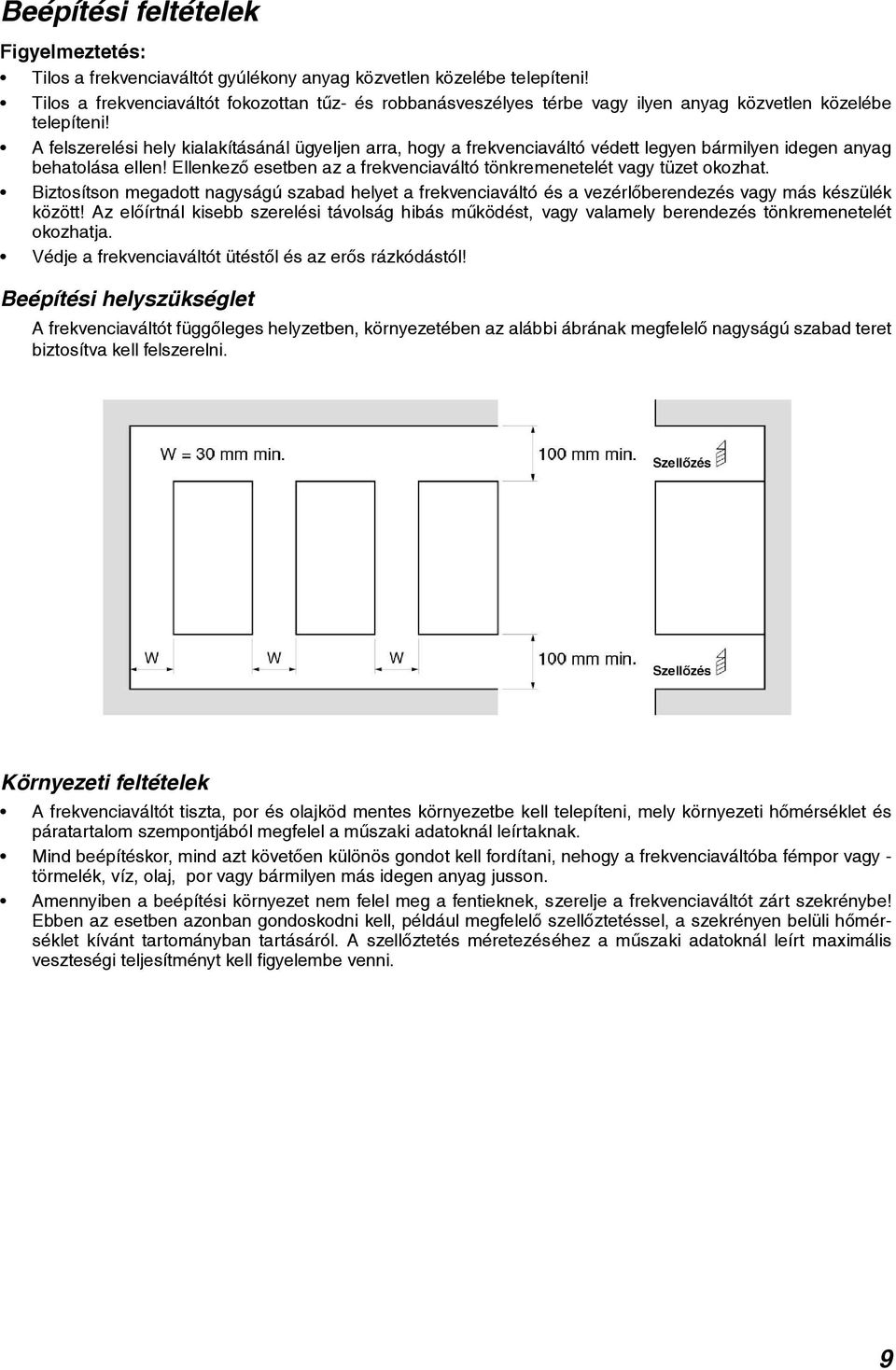 A felszerelési hely kialakításánál ügyeljen arra, hogy a frekvenciaváltó védett legyen bármilyen idegen anyag behatolása ellen!