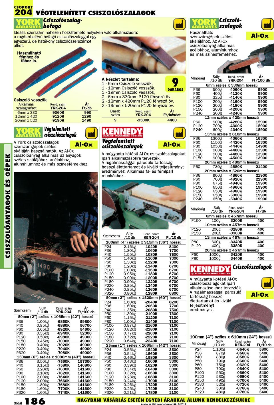 Al-Ox Csiszoló vesszők Alkalmas szalagméret YRK-204 6mm x 330-9060K 990 12mm x 420-9120K 1290 20mm x 520-9190K 1490 Végtelenített csiszolószalagok A York csiszolószalagok szergépek széles Al-Ox