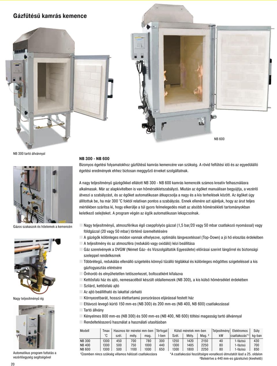 A nagy teljesítményű gázégőkkel ellátott NB 300 - NB 600 kamrás kemencék számos kreatív felhasználásra alkalmasak. Már az alapkivitelben is van hőmérsékletszabályzó.