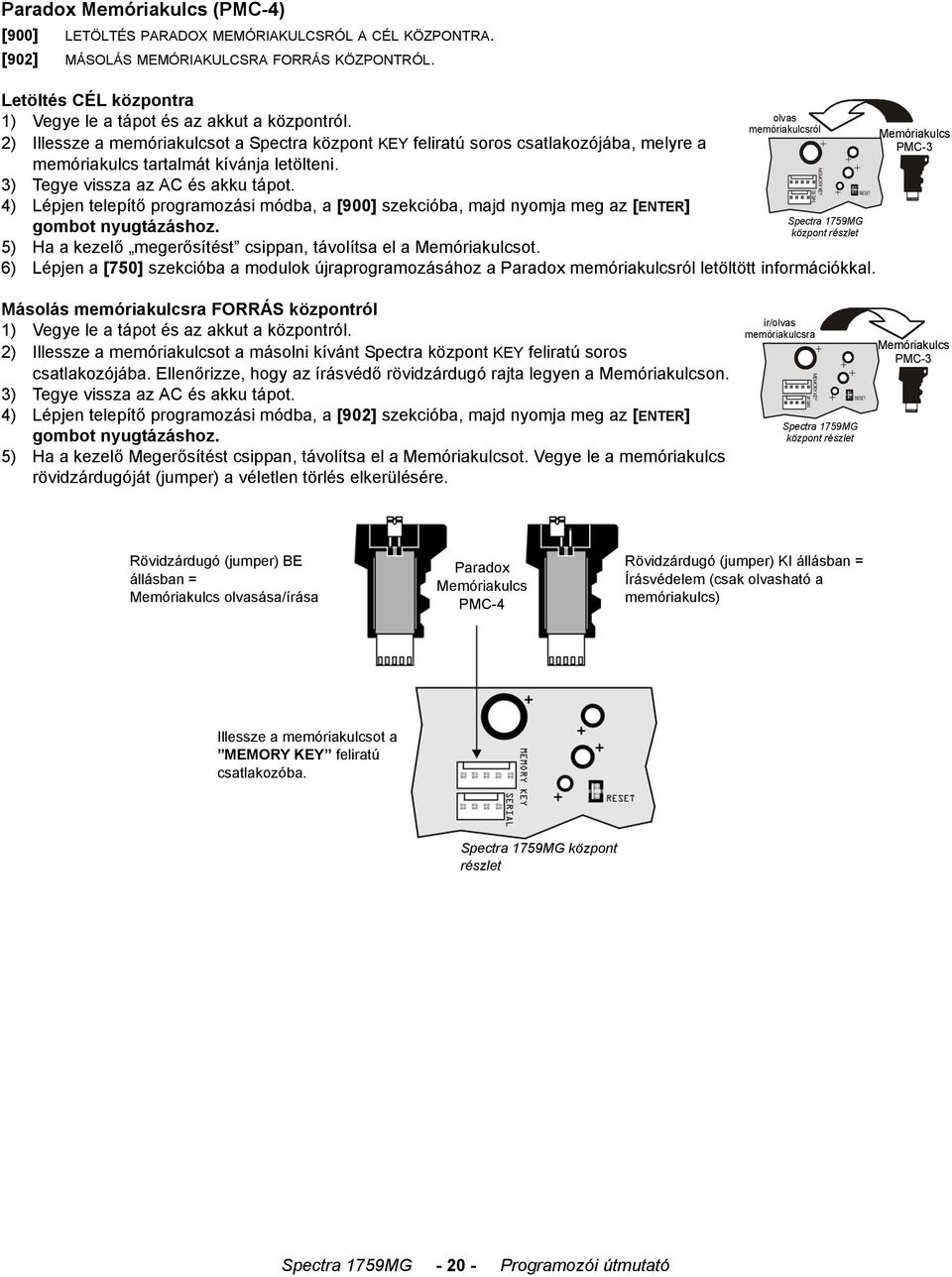 memóriakulcsról 2) Illessze a memóriakulcsot a Spectra központ KEY feliratú soros csatlakozójába, melyre a + + memóriakulcs tartalmát kívánja letölteni. + 3) Tegye vissza az AC és akku tápot.