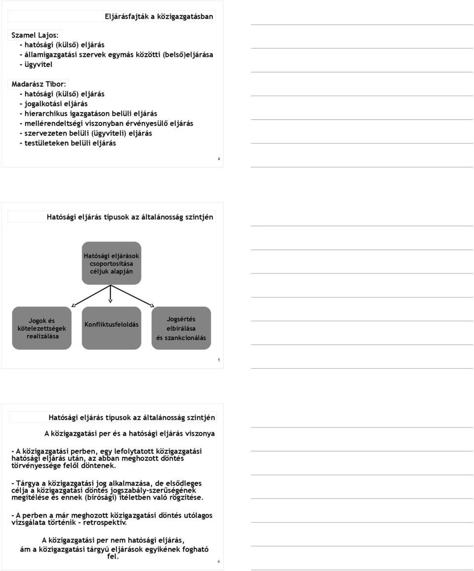 az általánosság szintjén Hatósági eljárások csoportosítása céljuk alapján Jogok és kötelezettségek realizálása Konfliktusfeloldás Jogsértés elbírálása és szankcionálás 5 Hatósági eljárás típusok az