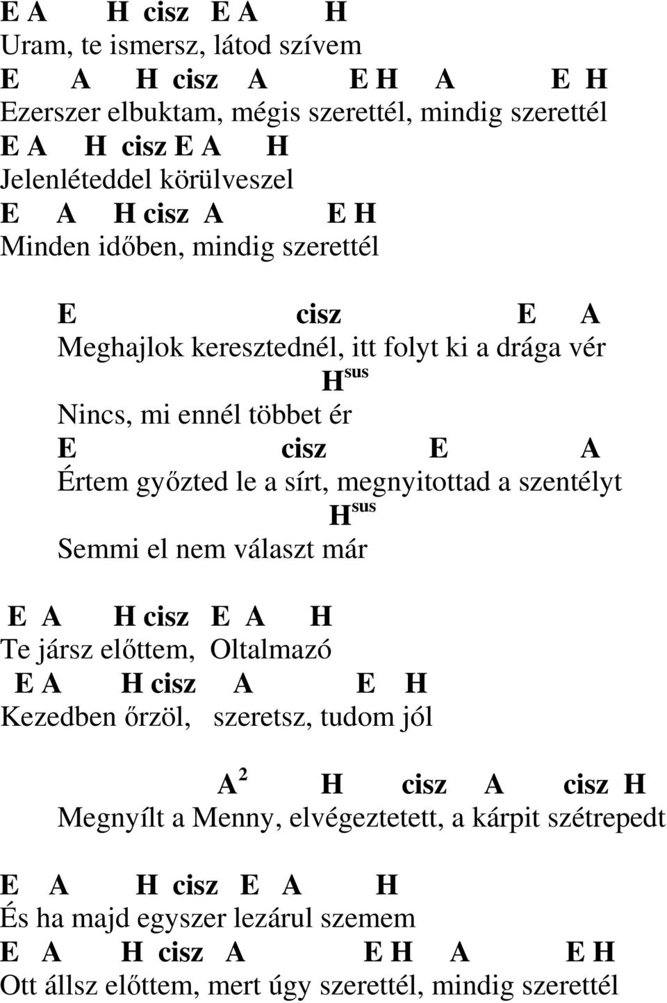 megnyitottad a szentélyt H sus Semmi el nem választ már E A H cisz E A H Te jársz előttem, Oltalmazó E A H cisz A E H Kezedben őrzöl, szeretsz, tudom jól A 2 H cisz A cisz H