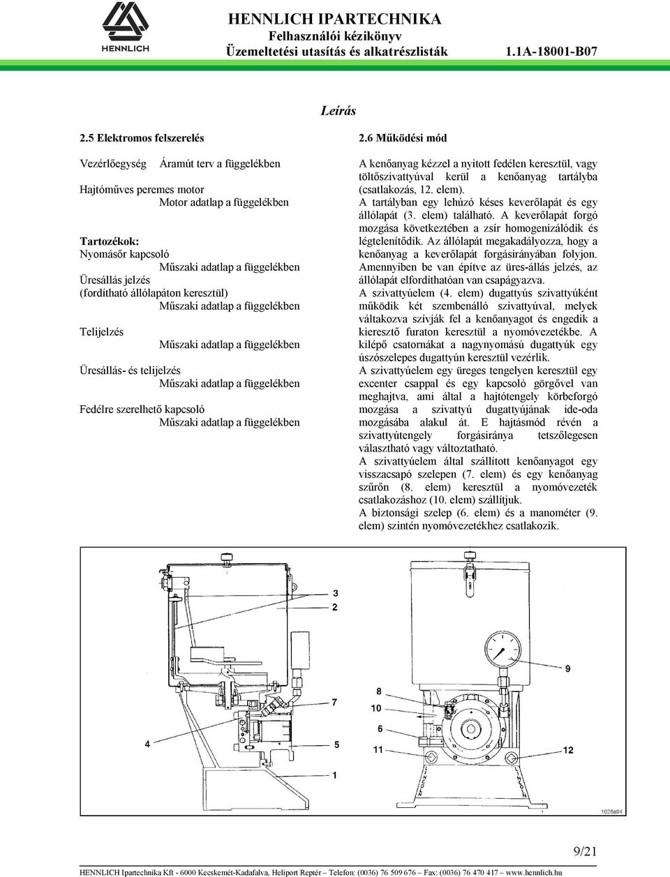 (fordítható állólapáton keresztül) Műszaki adatlap a függelékben Telijelzés Műszaki adatlap a függelékben Üresállás- és telijelzés Műszaki adatlap a függelékben Fedélre szerelhető kapcsoló Műszaki