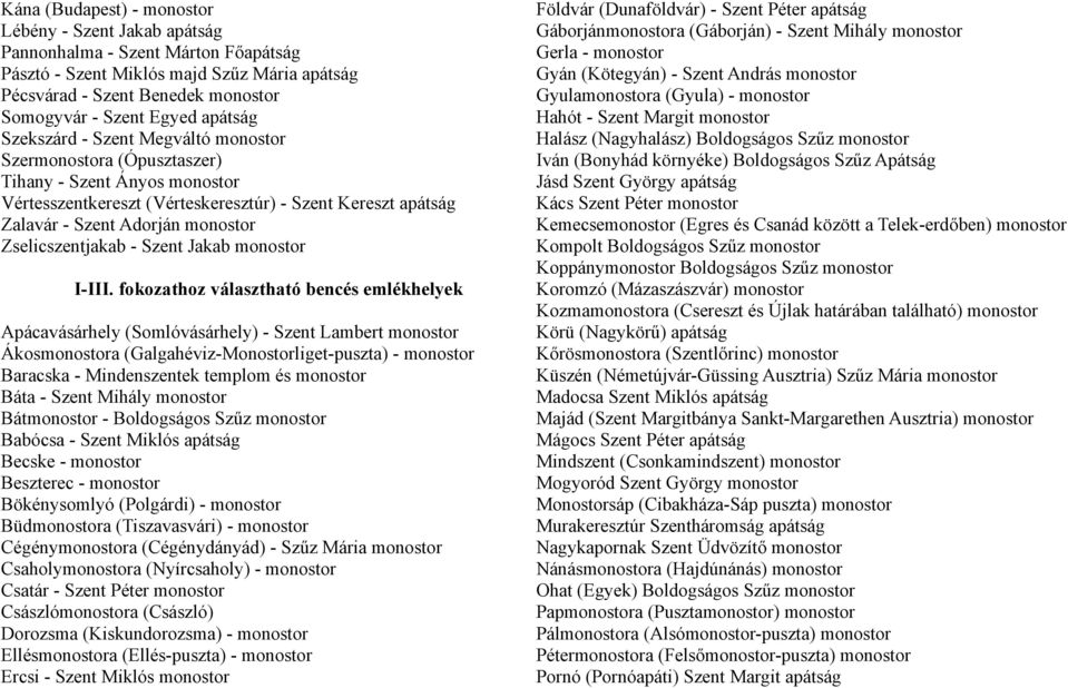 fokozathoz választható bencés emlékhelyek Apácavásárhely (Somlóvásárhely) - Szent Lambert Ákosa (Galgahéviz-Monostorliget-puszta) - Baracska - Mindenszentek templom és Báta - Szent Mihály Bát -