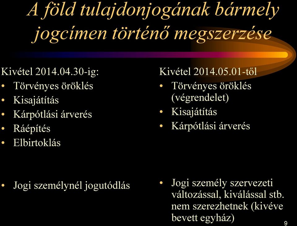 05.01-től Törvényes öröklés (végrendelet) Kisajátítás Kárpótlási árverés Jogi személynél