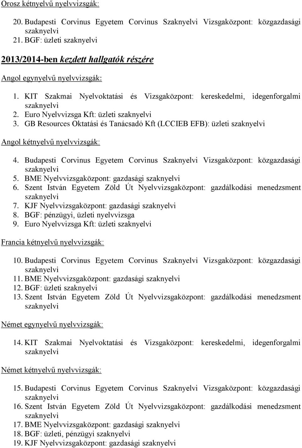 Szent István Egyetem Zöld Út Nyelvvizsgaközpont: gazdálkodási menedzsment 7. KJF Nyelvvizsgaközpont: gazdasági 8. BGF: pénzügyi, üzleti nyelvvizsga 9. Euro Nyelvvizsga Kft: üzleti 10.