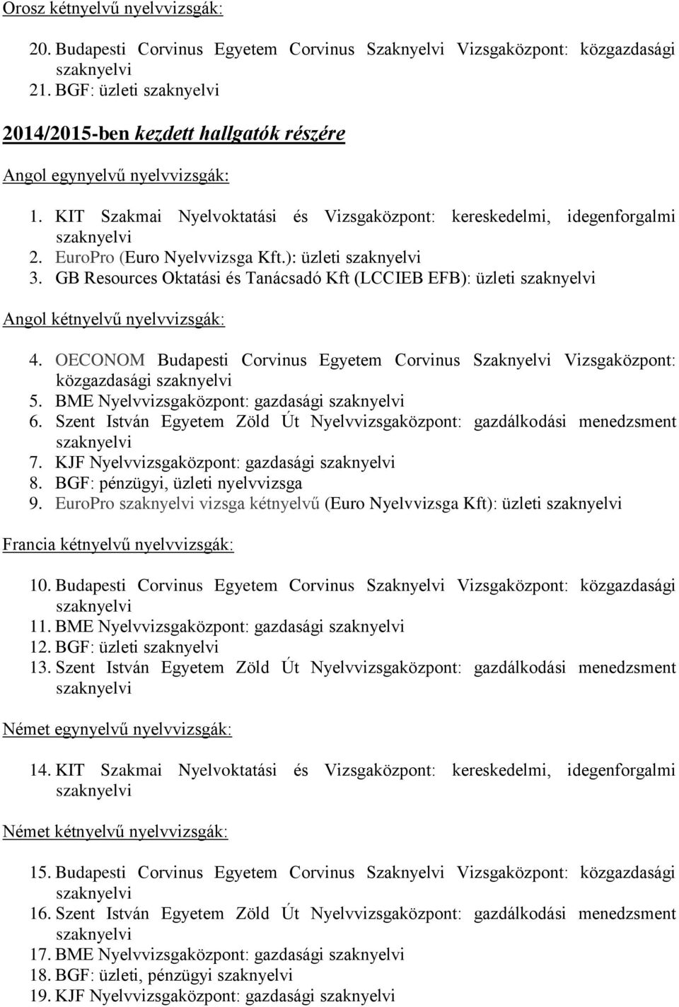 Szent István Egyetem Zöld Út Nyelvvizsgaközpont: gazdálkodási menedzsment 7. KJF Nyelvvizsgaközpont: gazdasági 8. BGF: pénzügyi, üzleti nyelvvizsga 9.
