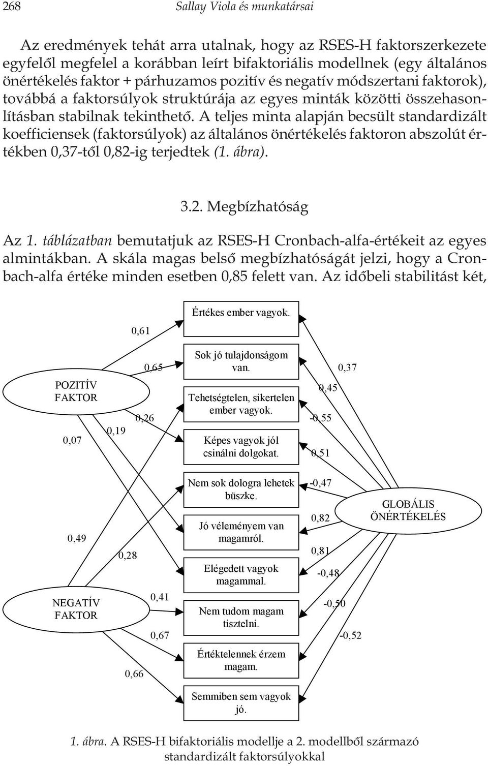 A teljes minta alapján becsült standardizált koefficiensek (faktorsúlyok) az általános önértékelés faktoron abszolút értékben 0,37-tõl 0,82-ig terjedtek (1. ábra). 3.2. Megbízhatóság Az 1.