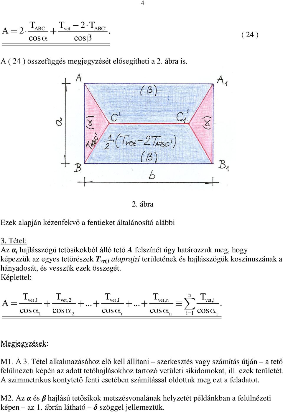 cos cos cos cos cos i n i i Megjegyzések: M A 3 étel lklmzásához elő kell állítni szerkesztés vgy számítás útján tető felülnézeti képén z dott tetőhjlásokhoz tozó vetületi síkidomokt, ill ezek