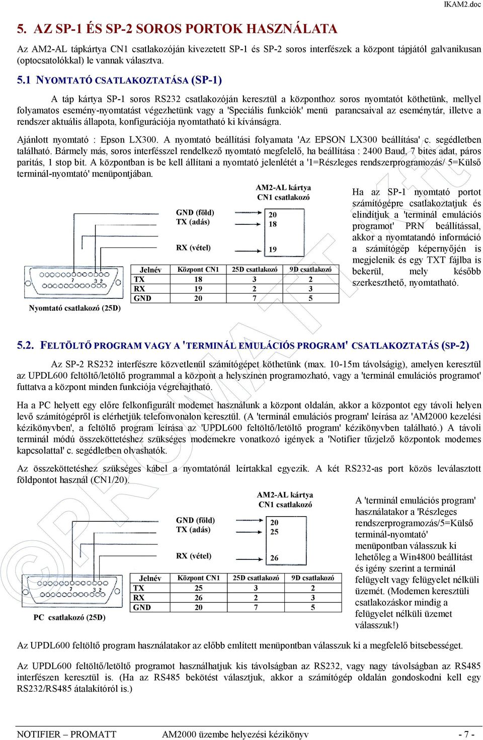 doc Az AM2-AL tápkártya CN1 csatlakozóján kivezetett SP-1 és SP-2 soros interfészek a központ tápjától galvanikusan (optocsatolókkal) le vannak választva. 5.