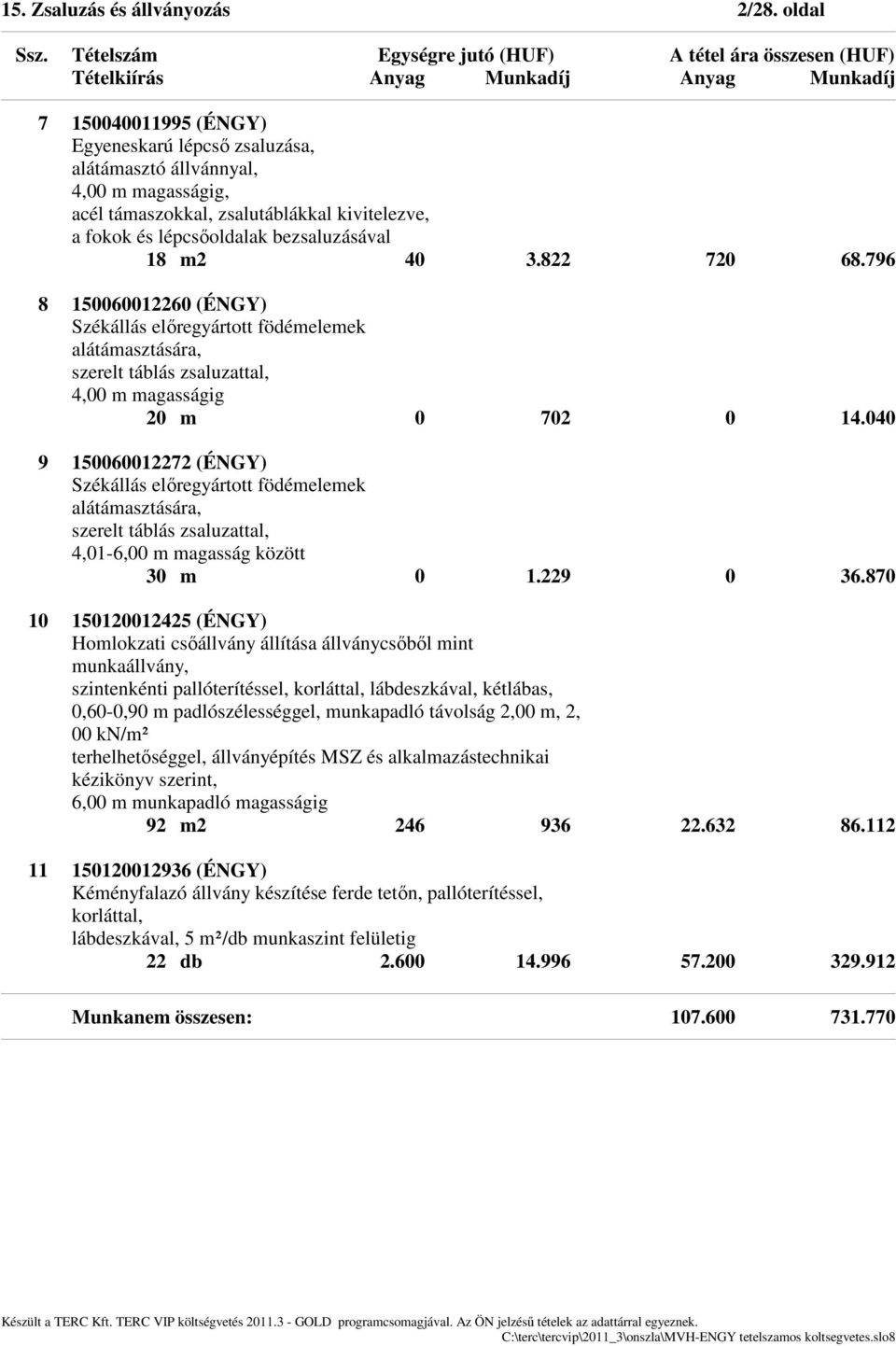 822 720 68.796 8 150060012260 (ÉNGY) Székállás előregyártott födémelemek alátámasztására, szerelt táblás zsaluzattal, 4,00 m magasságig 20 m 0 702 0 14.