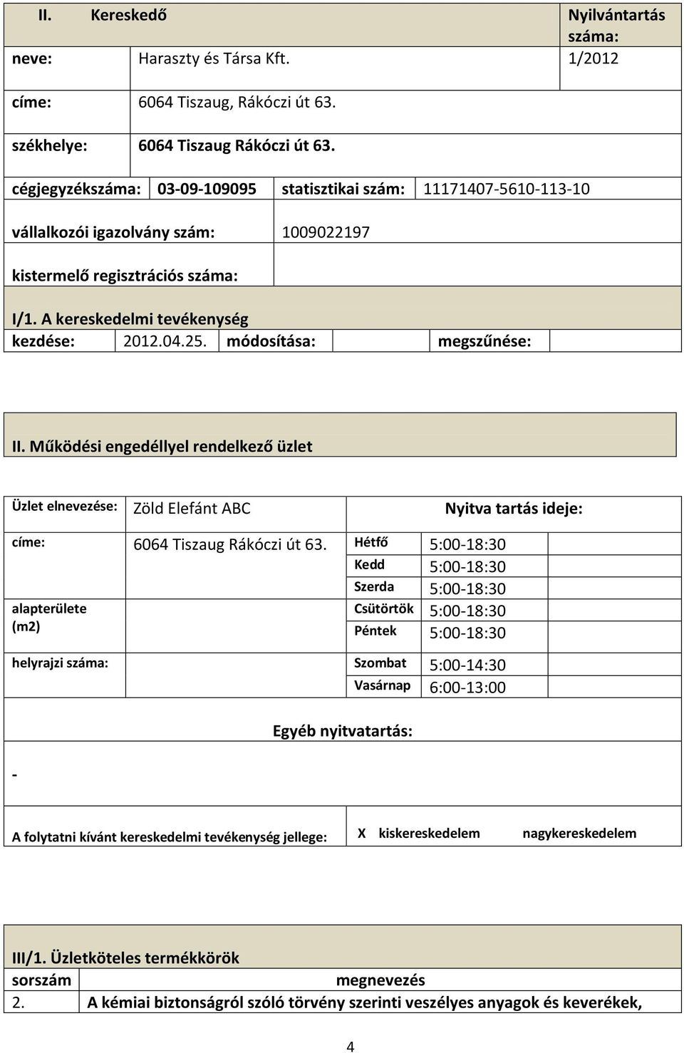 módosítása: megszűnése: II. Működési engedéllyel rendelkező üzlet Üzlet elnevezése: Zöld Elefánt ABC Nyitva tartás ideje: címe: 6064 Tiszaug Rákóczi út 63.