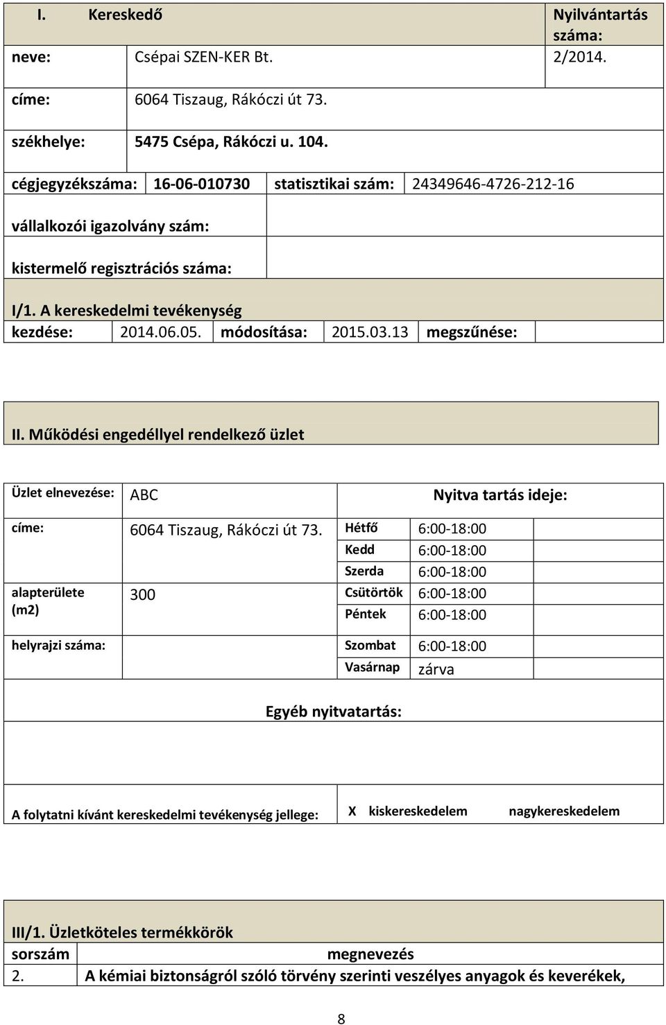 13 megszűnése: II. Működési engedéllyel rendelkező üzlet Üzlet elnevezése: ABC Nyitva tartás ideje: címe: 6064 Tiszaug, Rákóczi út 73.