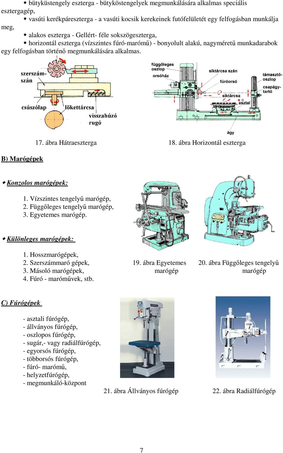 ábra Hátraeszterga 18. ábra Horizontál eszterga Konzolos marógépek: 1. Vízszintes tengelyű marógép, 2. Függőleges tengelyű marógép, 3. Egyetemes marógép. Különleges marógépek: 1. Hosszmarógépek, 2.