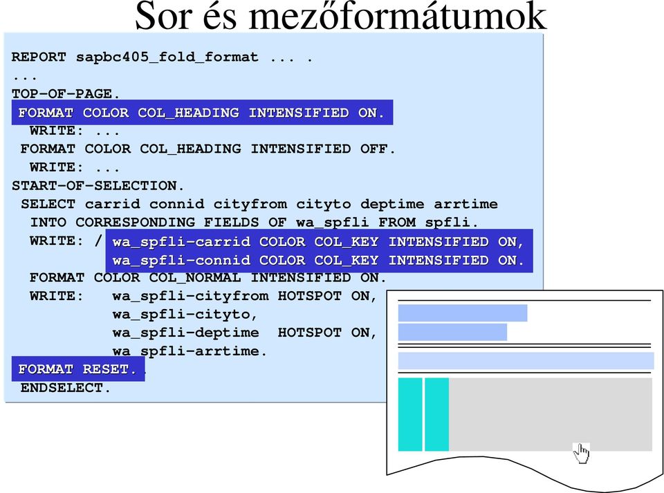 SELECT carrid connid cityfrom cityto deptime arrtime INTO CORRESPONDING FIELDS OF wa_spfli FROM spfli.