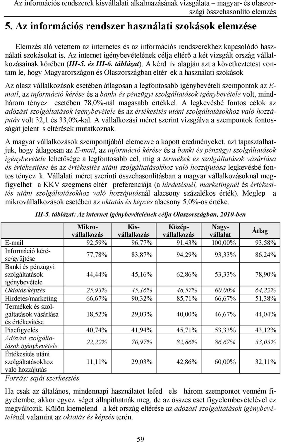 A kérd ív alapján azt a következtetést vontam le, hogy Magyarországon és Olaszországban eltér ek a használati szokások Az olasz vállalkozások esetében átlagosan a legfontosabb igénybevételi