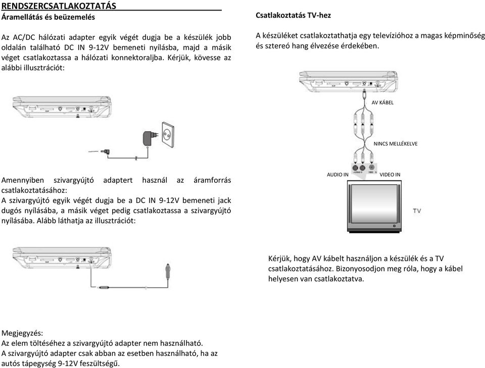 AV KÁBEL NINCS MELLÉKELVE Amennyiben szivargyújtó adaptert használ az áramforrás csatlakoztatásához: A szivargyújtó egyik végét dugja be a DC IN 9-12V bemeneti jack dugós nyílásába, a másik véget
