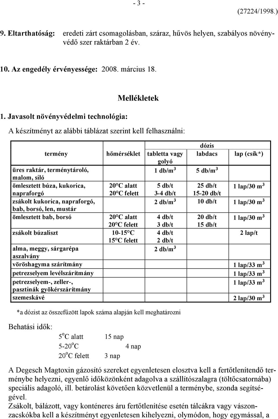 . 1. Javasolt növényvédelmi technológia: Mellékletek A készítményt az alábbi táblázat szerint kell felhasználni: dózis termény hőmérséklet tabletta vagy labdacs lap (csík*) golyó üres raktár,