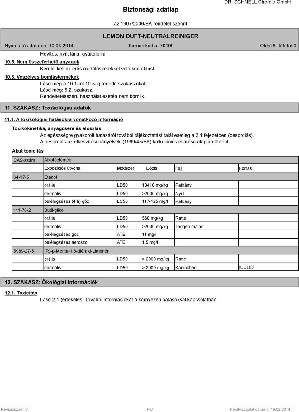 . SZAKASZ: Toxikológiai adatok 11.1. A toxikológiai hatásokra vonatkozó információ Toxikokinetika, anyagcsere és eloszlás Az egészségre gyakorolt hatásáról további tájékoztatást talál esetleg a 2.