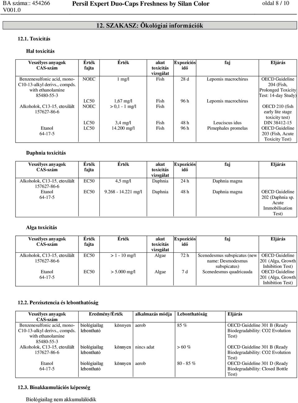 Lepomis macrochirus NOEC > 0,1-1 mg/l Fish OECD 210 (fish early lite stage toxicity test) LC50 3,4 mg/l Fish 48 h Leuciscus idus DIN 38412-15 LC50 14.