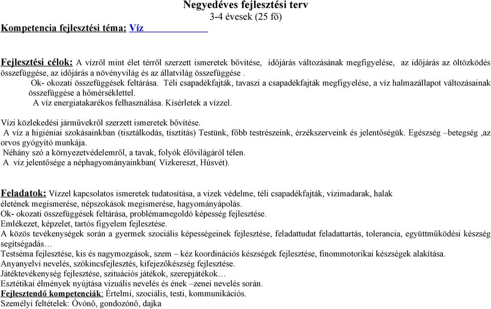 Téli csapadékfajták, tavaszi a csapadékfajták megfigyelése, a víz halmazállapot változásainak összefüggése a hőmérséklettel. A víz energiatakarékos felhasználása. Kísérletek a vízzel.