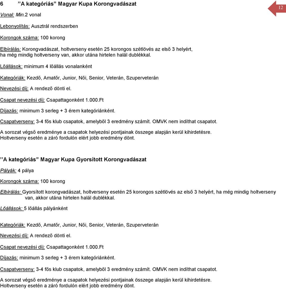 utána hirtelen halál dublékkal. Lőállások: minimum 4 lőállás vonalanként Kategóriák: Kezdő, Amatőr, Junior, Női, Senior, Veterán, Szuperveterán Nevezési díj: A rendező dönti el.