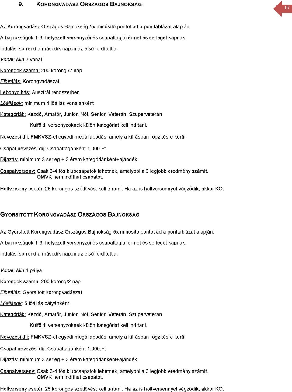 2 vonal Korongok száma: 200 korong /2 nap Elbírálás: Korongvadászat Lebonyolítás: Ausztrál rendszerben Lőállások: minimum 4 lőállás vonalanként Kategóriák: Kezdő, Amatőr, Junior, Női, Senior,