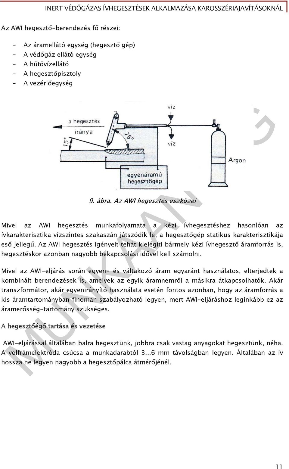 jellegű. Az AWI hegesztés igényeit tehát kielégíti bármely kézi ívhegesztő áramforrás is, hegesztéskor azonban nagyobb bekapcsolási idővel kell számolni.