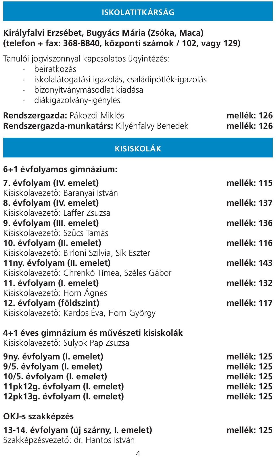 évfolyamos gimnázium: 7. évfolyam (IV. emelet) mellék: 115 Kisiskolavezető: Baranyai István 8. évfolyam (IV. emelet) mellék: 137 Kisiskolavezető: Laffer Zsuzsa 9. évfolyam (III.